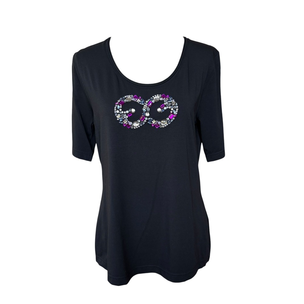 Escada Sport Black Crystal Embellished Infinity Logo Top XL Short Sleeve Cotton